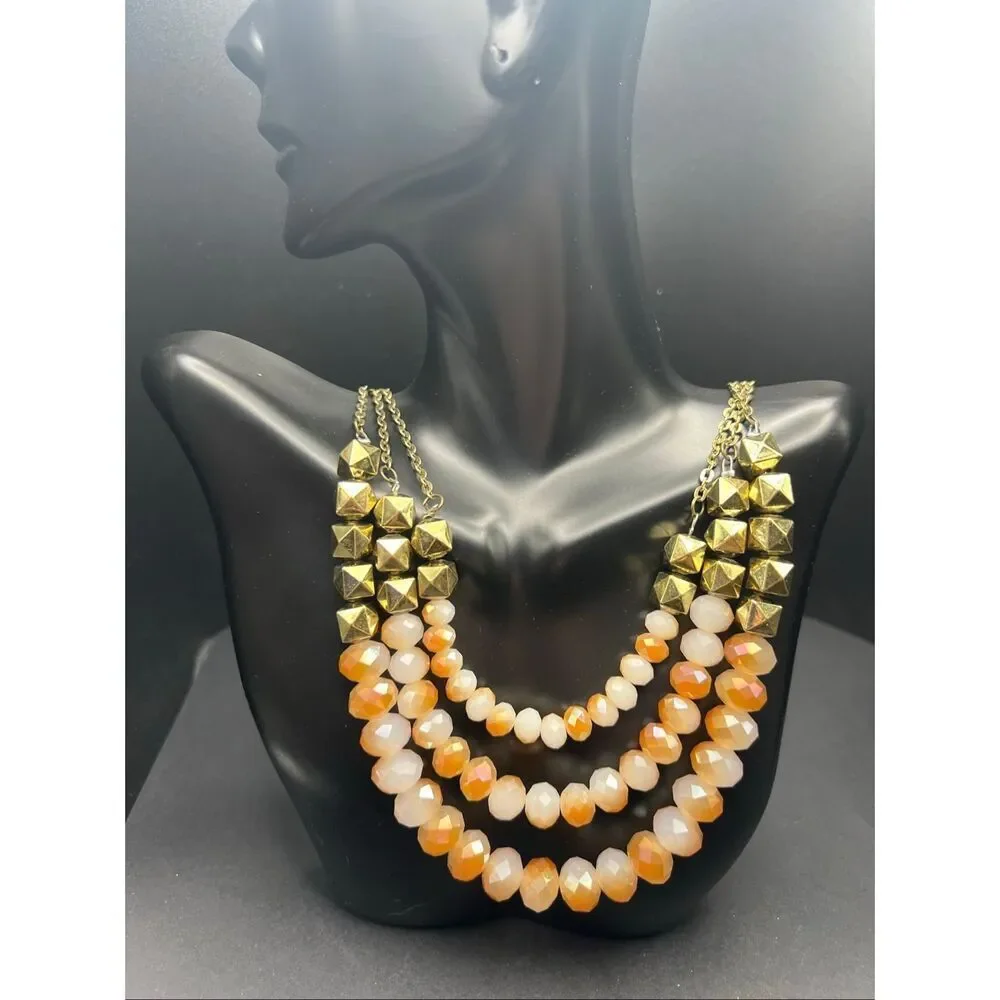Gold Tone Vintage Style Triple Strand Beaded Statement Necklace w Earring Set